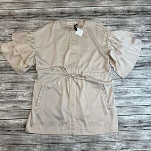 Caren Forbes Women's Satin Ruffle Tunic Zip Blouse Jacket NWT Large Neutral